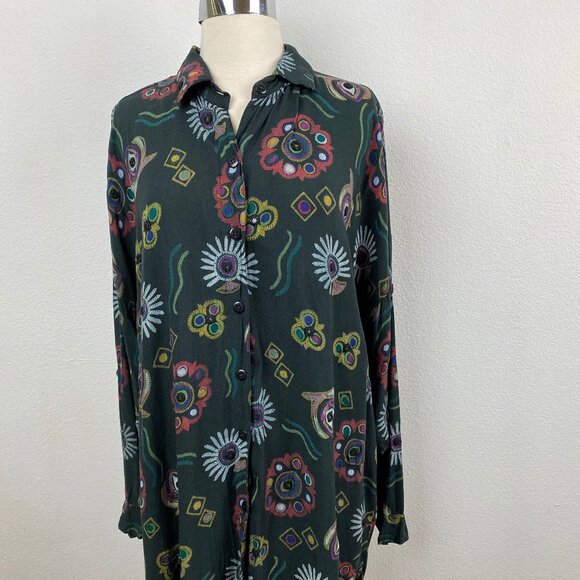 Vintage 80s Tunic Shirt Medium Black Rayon Blouse Embroidered Lagenlook Boho - Picture 1 of 10